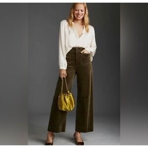 Anthropologie Maeve The Colette Wide Leg Boho Corduroy Moss Green Pants 24P